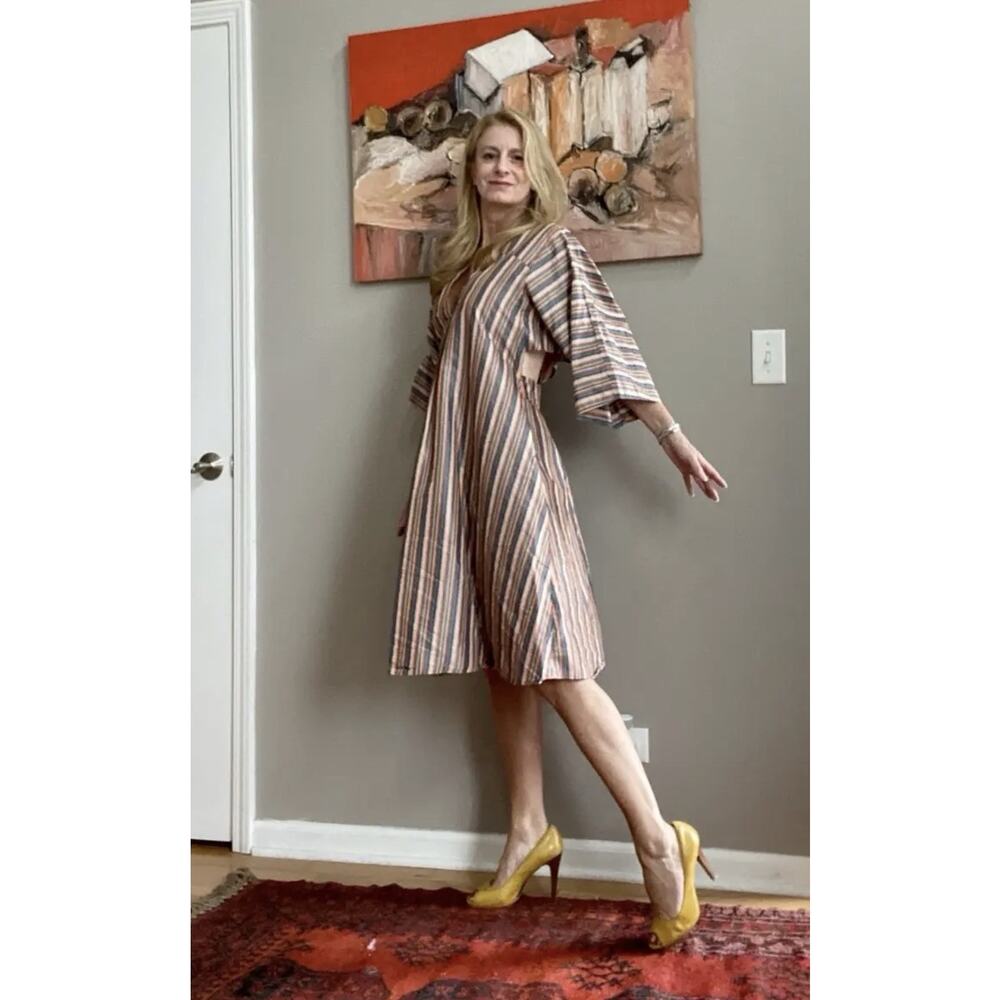 TOME NYC Dress Women Sz 4 Stripe Silk Cotton Kimono Sleeve Midi Pockets Designer